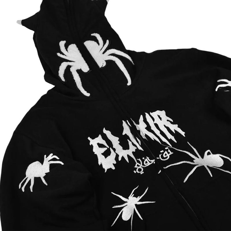 Rhinestone Spider Zip-Up Cardigan Jacket