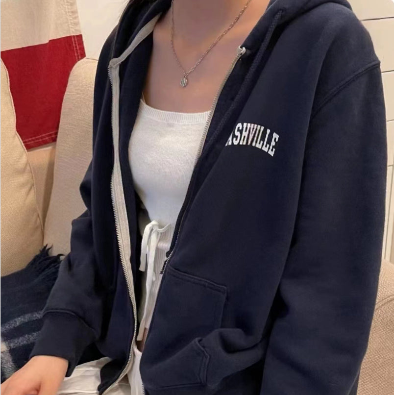 Women's Letter Print Zip-Up Hooded Slimming Cardigan