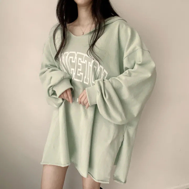 Korean Style Letter Print Loose Hooded Casual Sweater