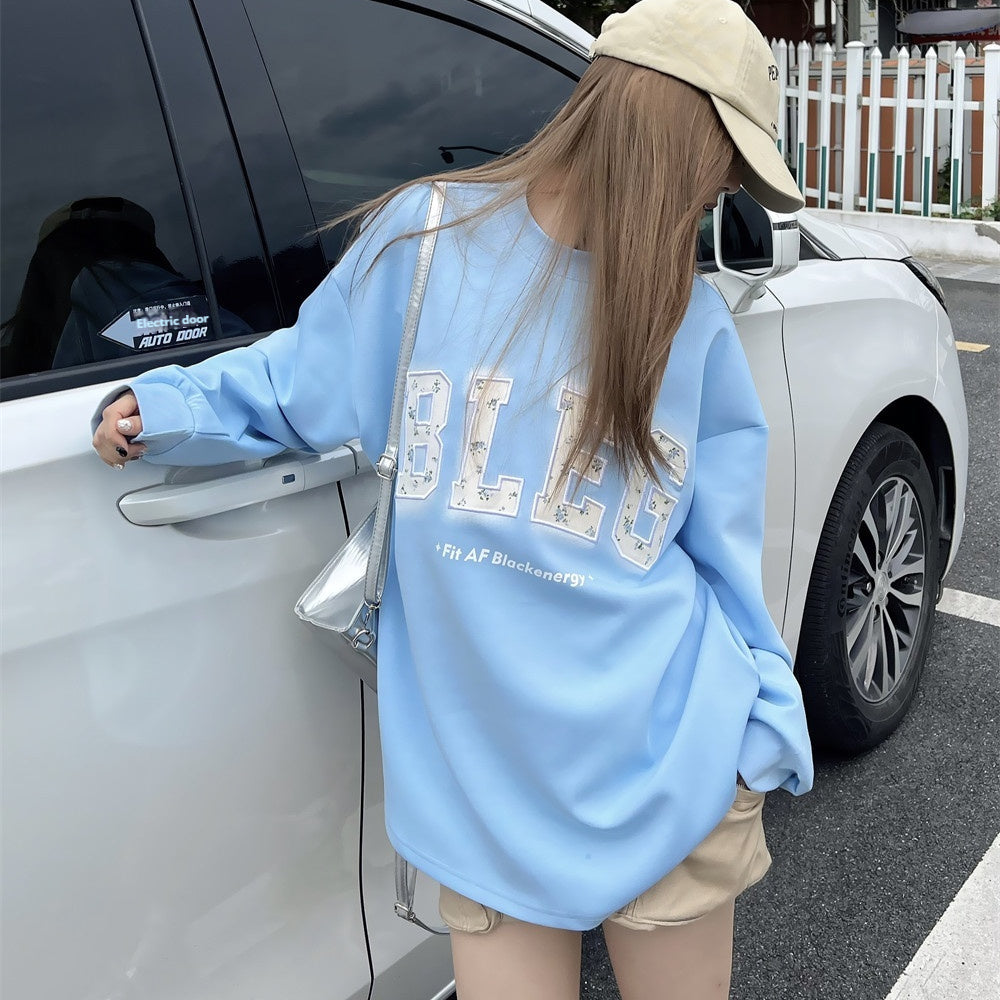 Chic Floral Letter Embroidered Crew Neck Sweatshirt