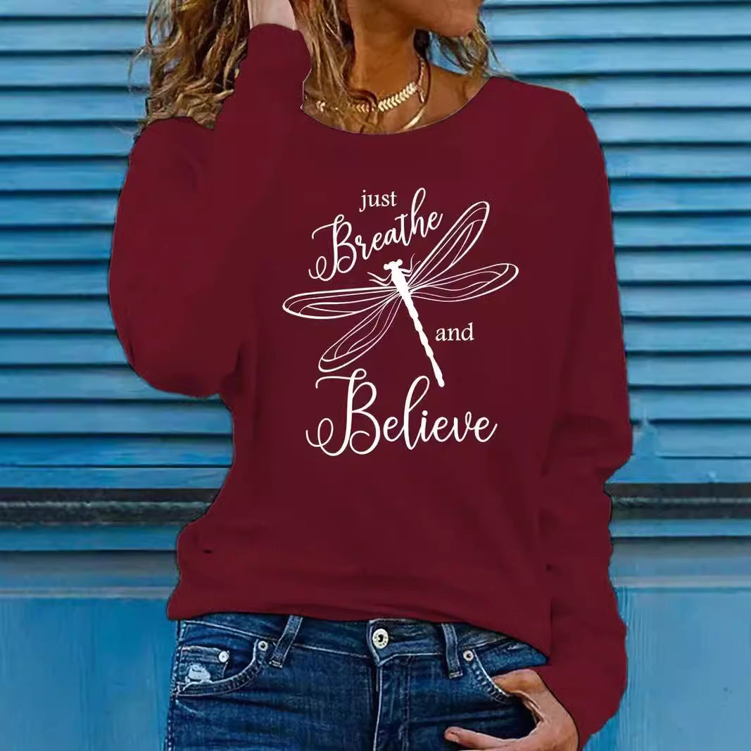 Women's Dragonfly Print Casual Long Sleeve Pullover Sweatshirt