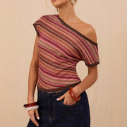 Colorful Knit Top – Slim Fit, Short Sleeve, Trendy Color Block