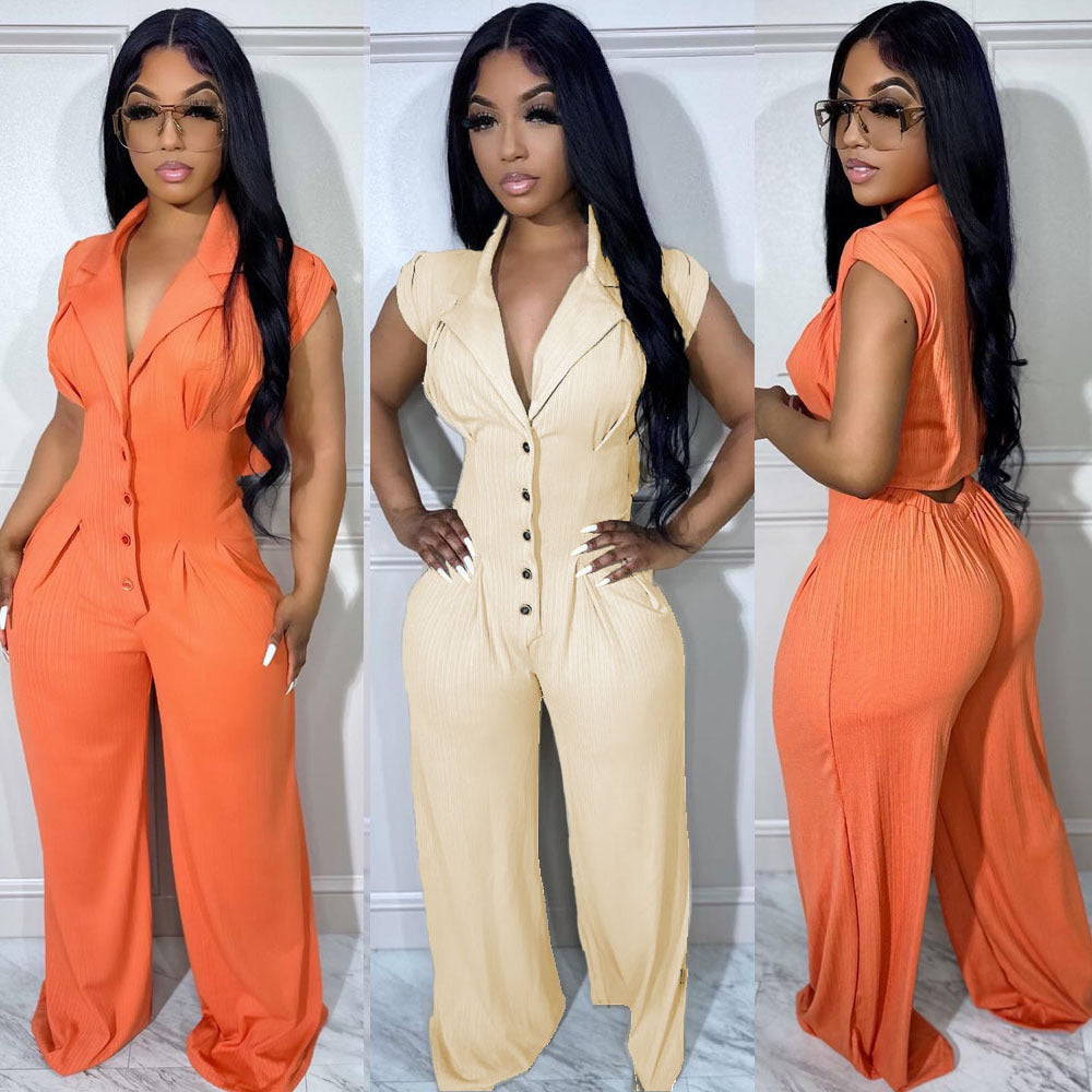 Chic Short Sleeve Stand Collar Wide Leg Jumpsuit