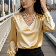 Women's Elegant Solid Color V-neck Long Sleeved Pleated Top With Temperament For Commuting And Loose Fitting Shirt