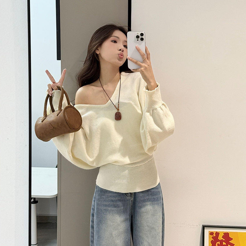 Lazy Style V-neck Batwing Sleeve Knitwear Women's Autumn and Winter