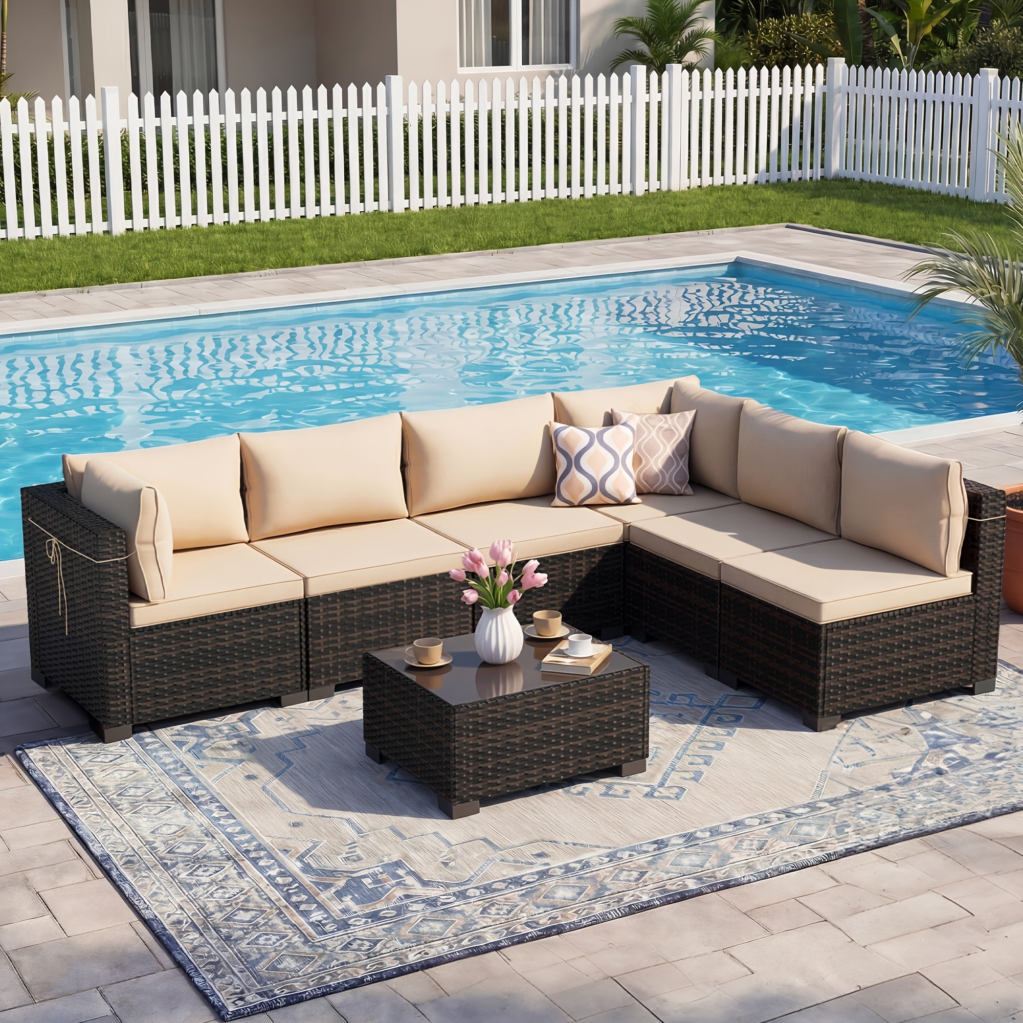 [Outdoor Patio Sets] LEVELEVE 6/7/9pcs All-Weather Outdoor Patio Furniture Sets, Rattan Conversation Sectional Set, Manual Weaving Wicker Patio Sofa with Tea Table