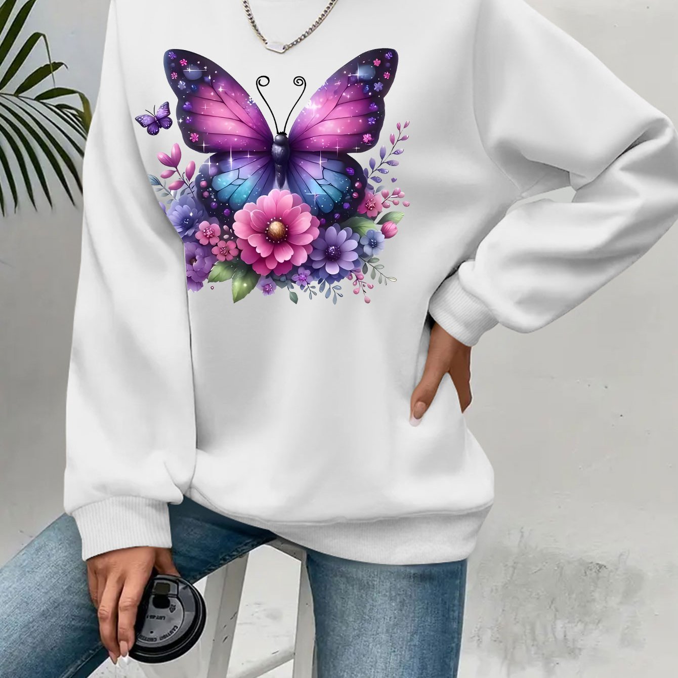 Plus Size Soft Purple‑Blue Butterfly Floral Print Long Sleeve Round Neck Sweatshirt