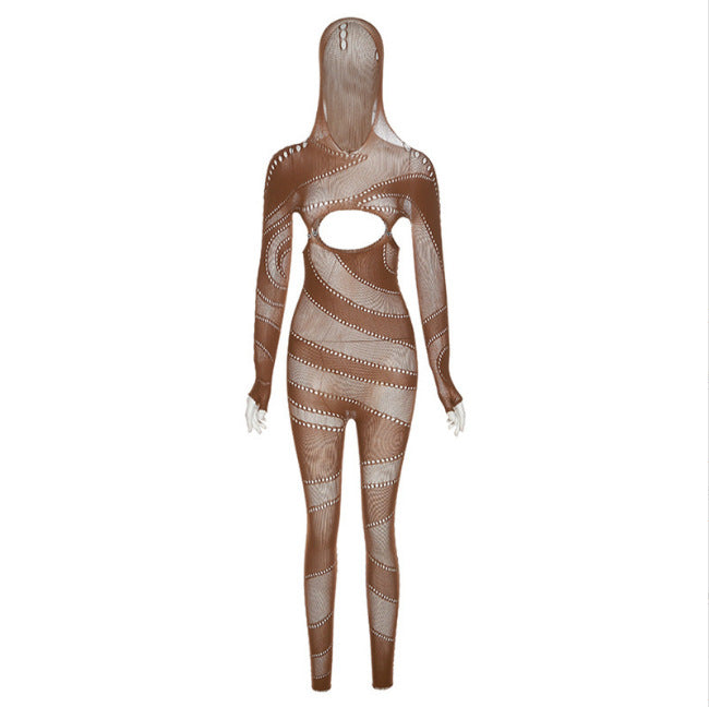 Sexy Lace Hollow-Out Hooded Romper & High-Waist Tights
