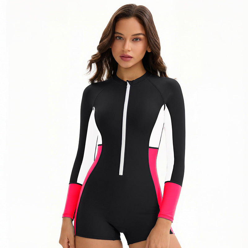 Women's Long-Sleeve Color-Block One-Piece Swimsuit