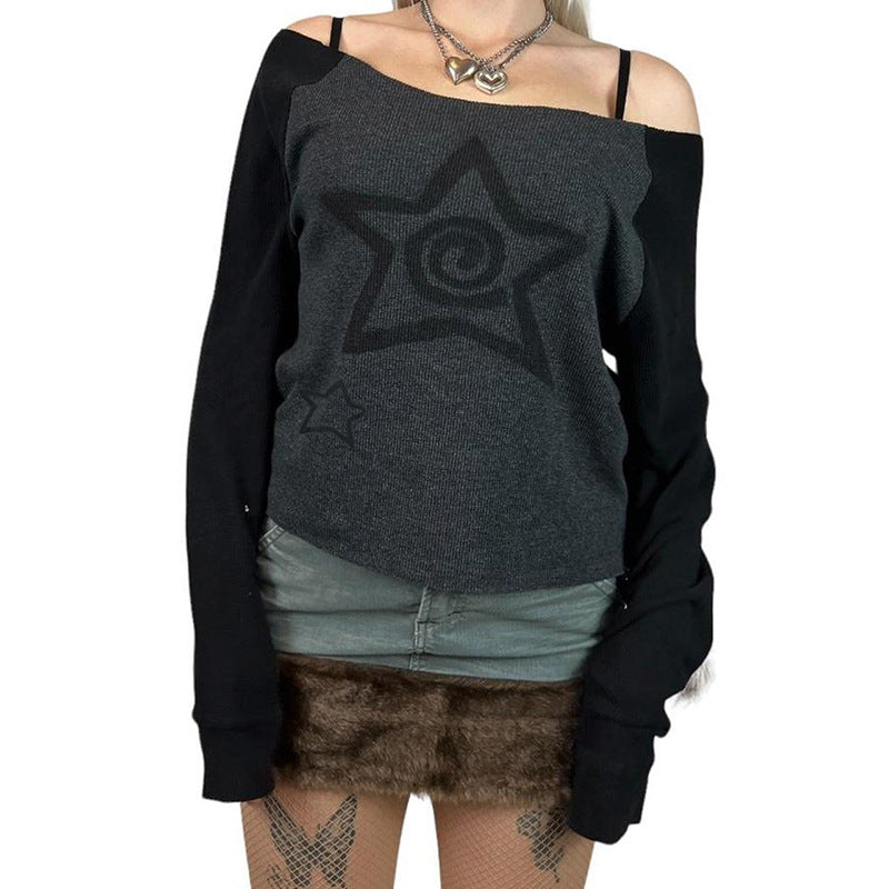 Backless Star Print Contrast Color Knit Sweater