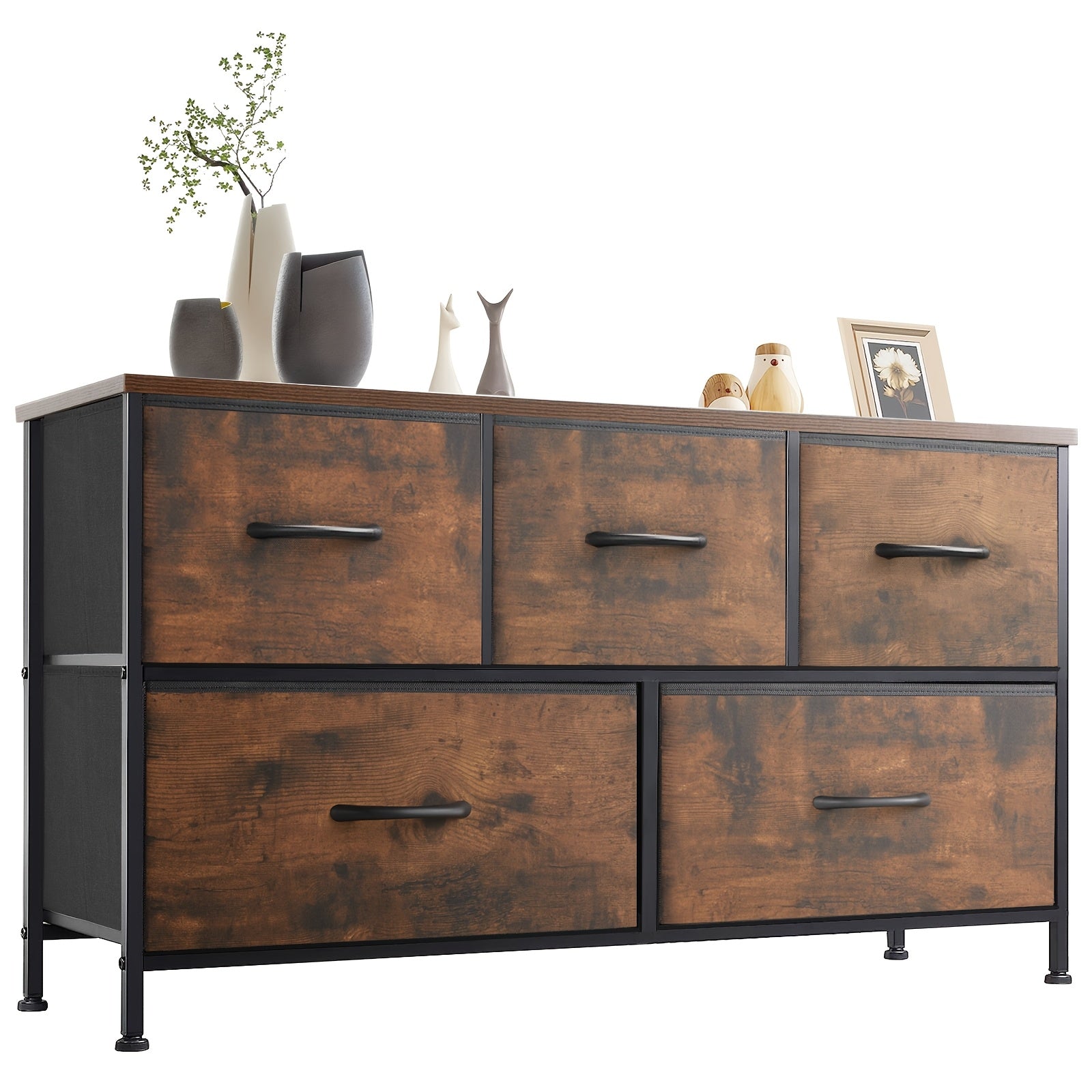 5-Drawer Wide Dresser with Fabric Bins, Freestanding Wood Chest – Khaki/Green