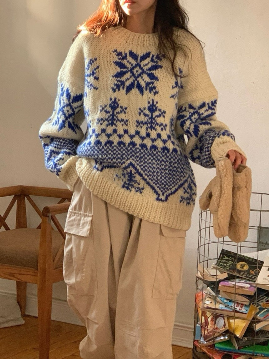 Color-block Jacquard Long-sleeve Warm Sweater for Women