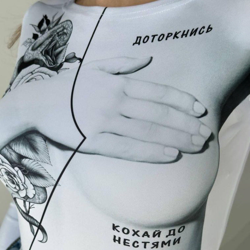 Chic Printed Long Sleeve Slim Bodysuit