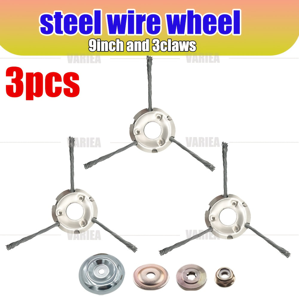 3pcs 9 "6/3 Claw Wire Brushes, 1" Bore, Metal, with 4 Mounting Accessories, up to 10000 RPM for Garden and Yard Trimming, Durable, Wear-resistant, Efficient, Perfect Wire Brush for Lawn Mowers