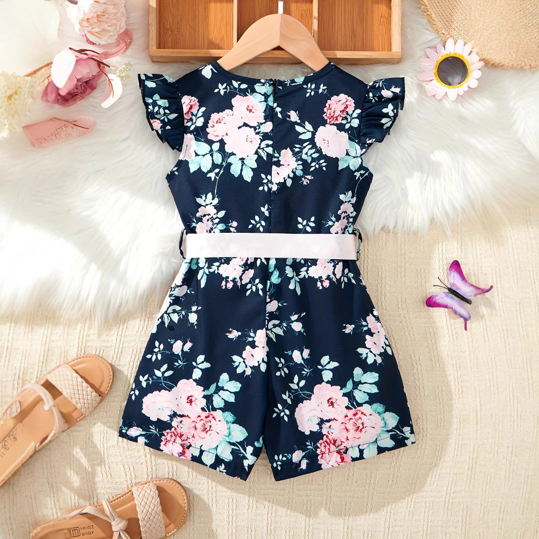 Girls' Flower Printed Jumpsuit Summer Suitable For 1-8 Years Old