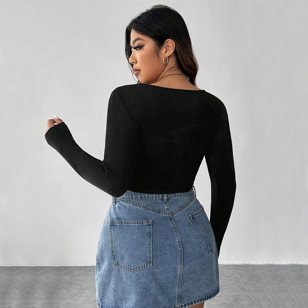 Plus Size Square Collar Fishbone Solid Bottoming Shirt