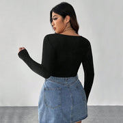 Plus Size Square Collar Fishbone Solid Bottoming Shirt
