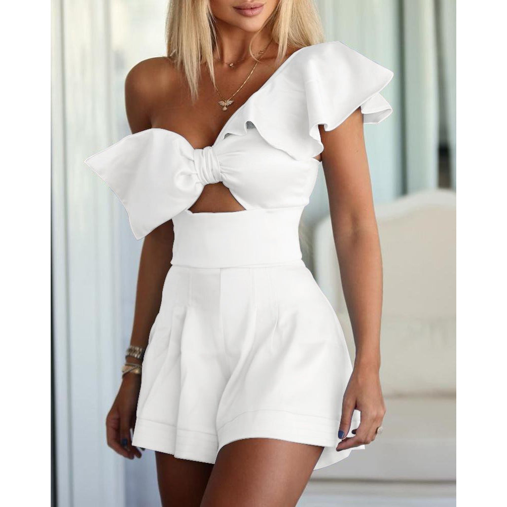 One-Shoulder Bow Ruffled Romper Shorts