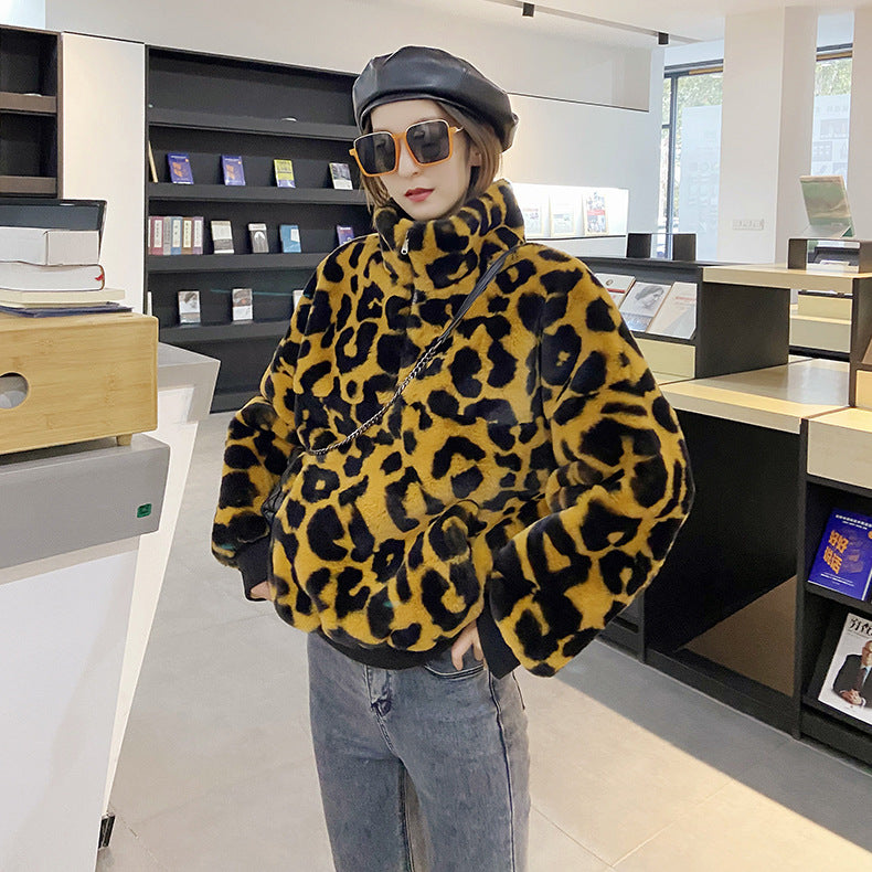 Leopard Print Faux Fur Stitching Women's Winter Sweater