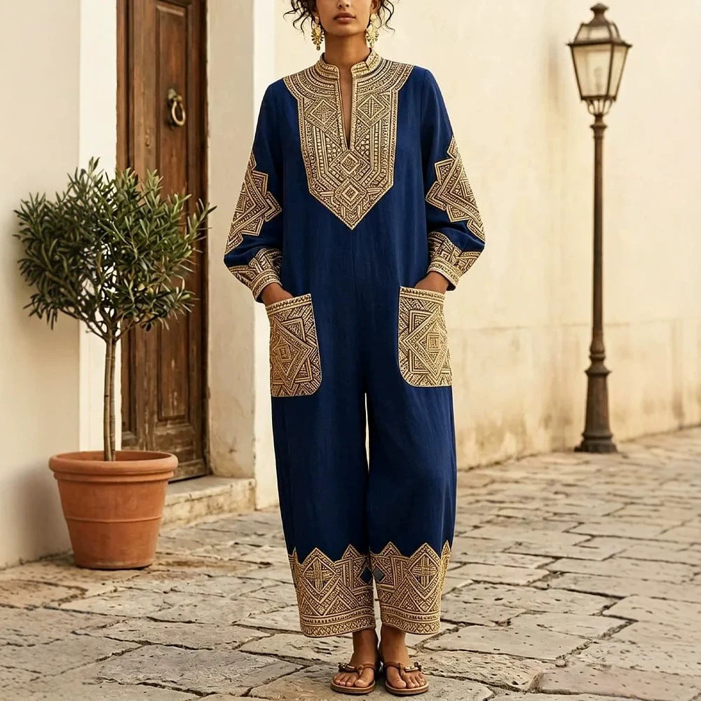 Chic Printed V-Neck Long-Sleeve Casual Jumpsuit
