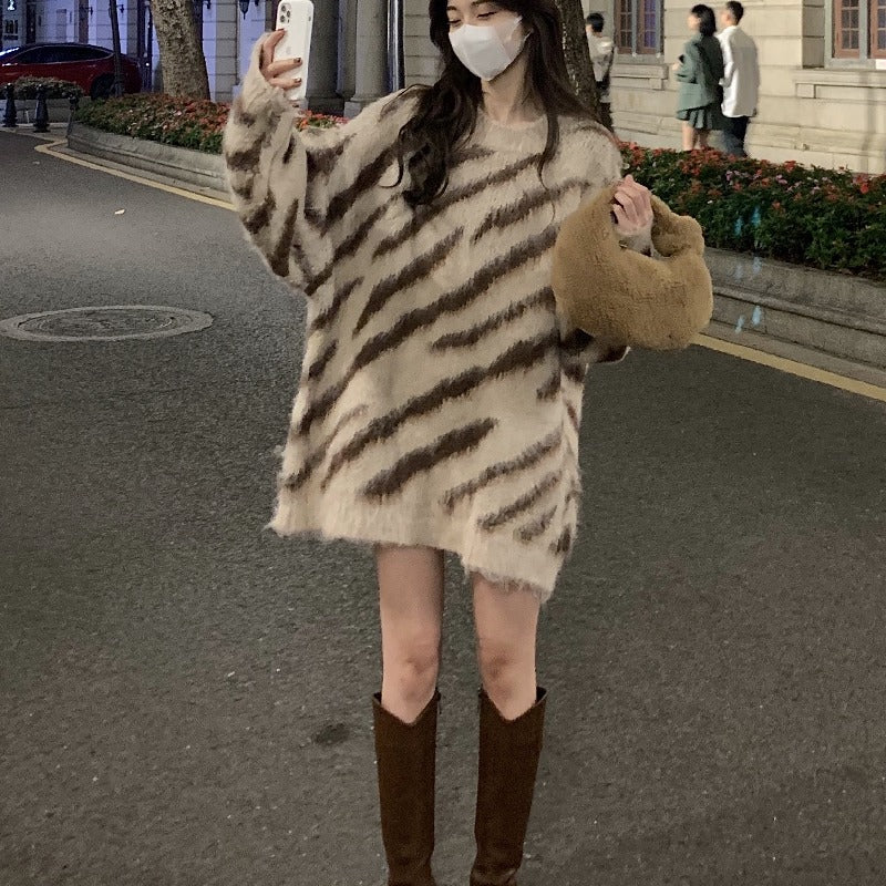 Loose Pullover Zebra Striped Sweater Round Neck Niche Women