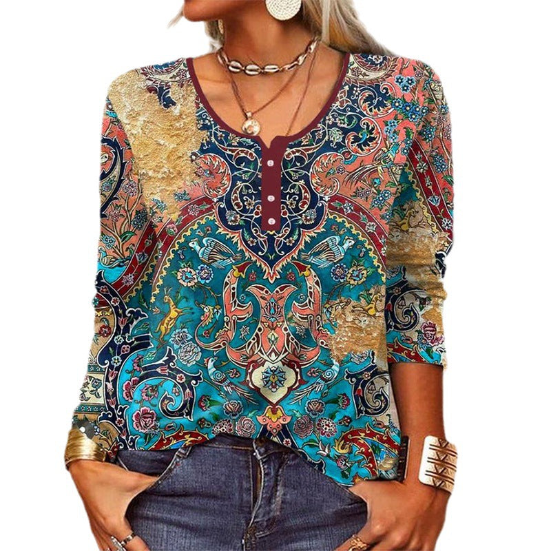 Retro Floral U-Neck Button Long Sleeve Top