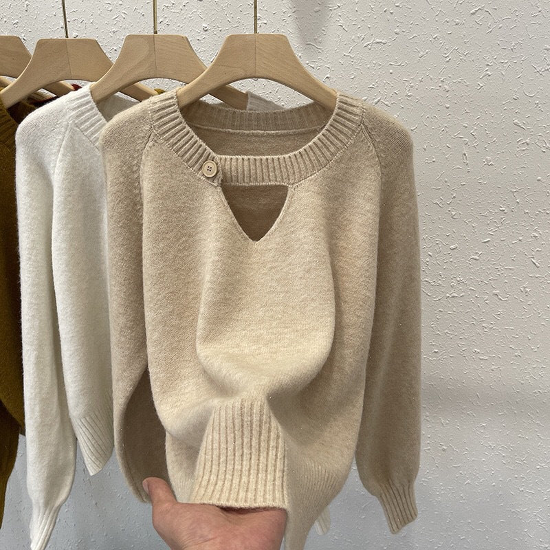 Knitted Sweater Women's Autumnwinter Korean-style Loose-fit Slimming Top with Exposed Collarbones and Long Sleeves