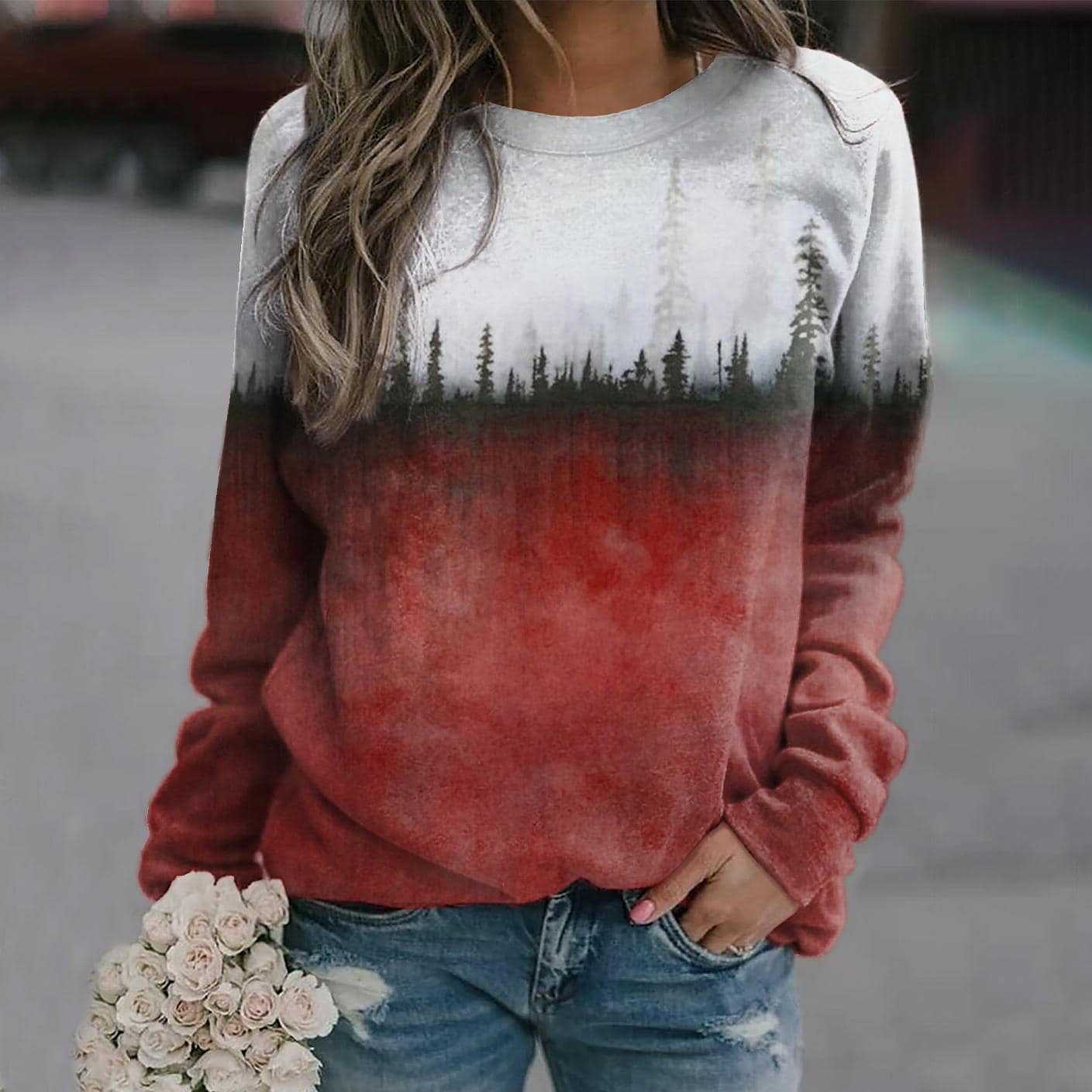 Women's Pine Print Crew Neck Casual Sweatshirt
