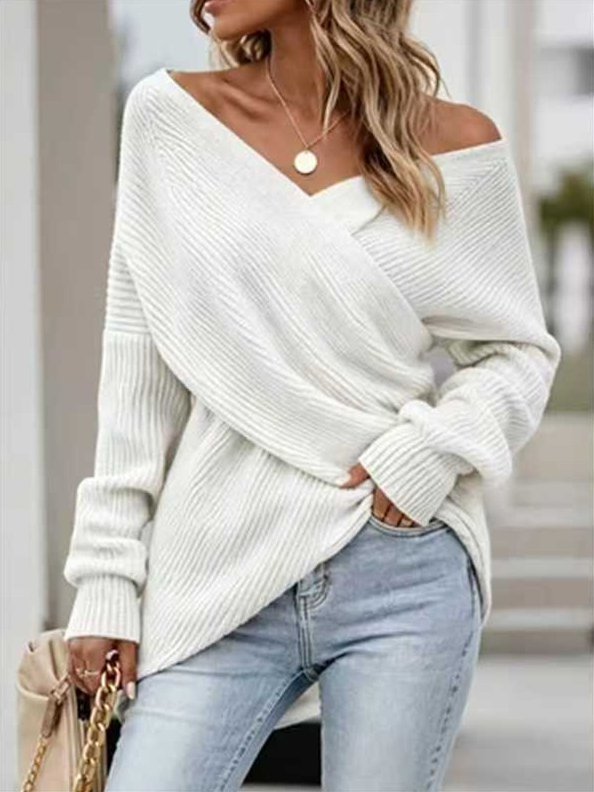 Solid-color Cross V-neck Womens Sweater