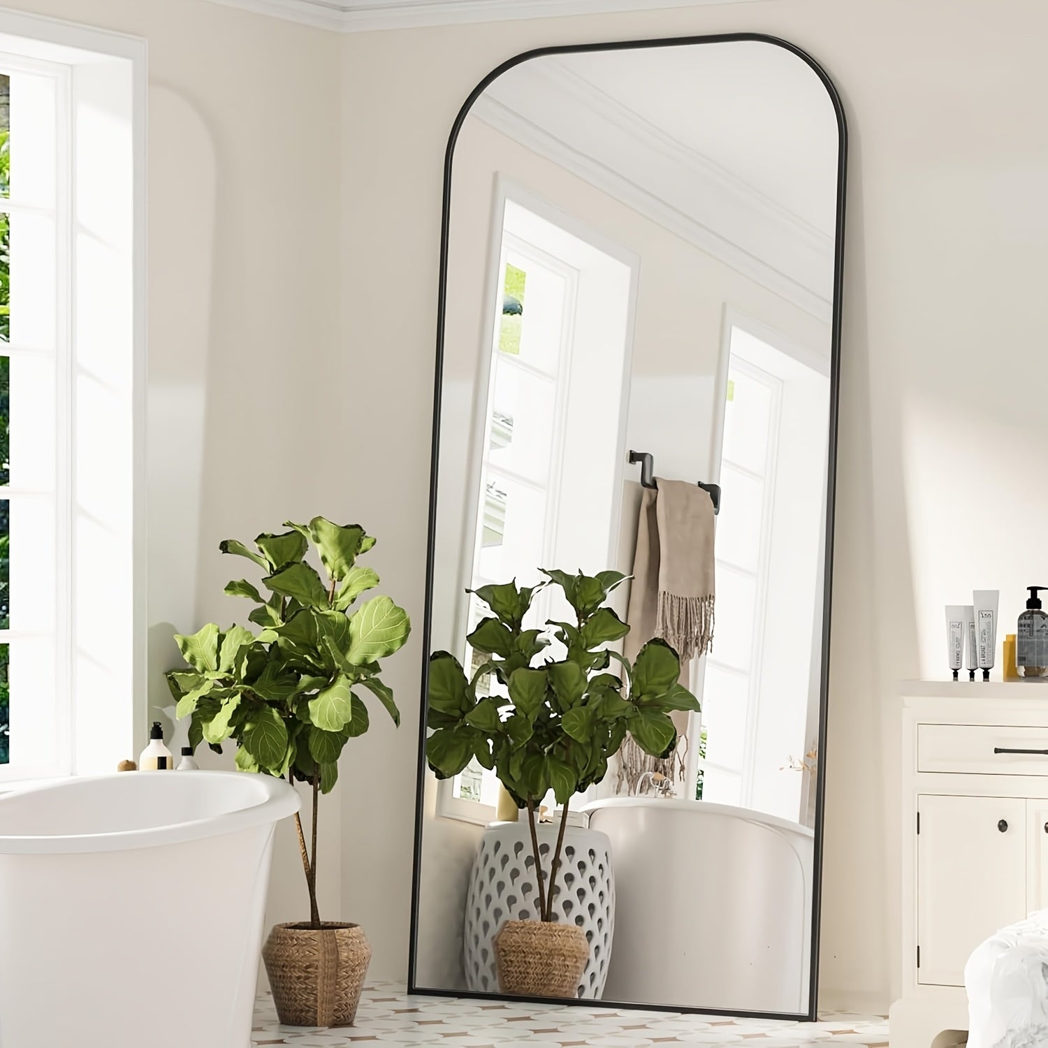 Arched freestanding full-length floor mirror with stand