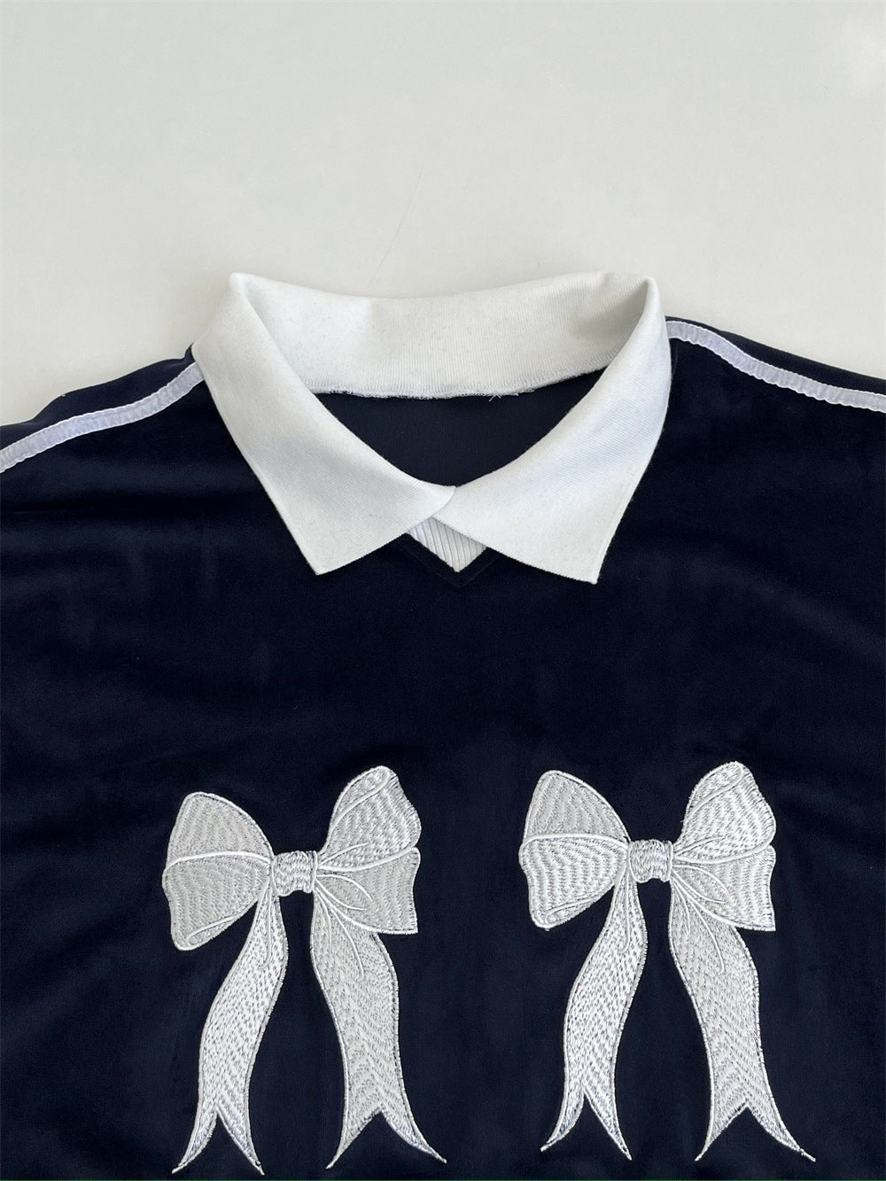 Retro Bow Embroidered Striped Contrast Knit Sweater