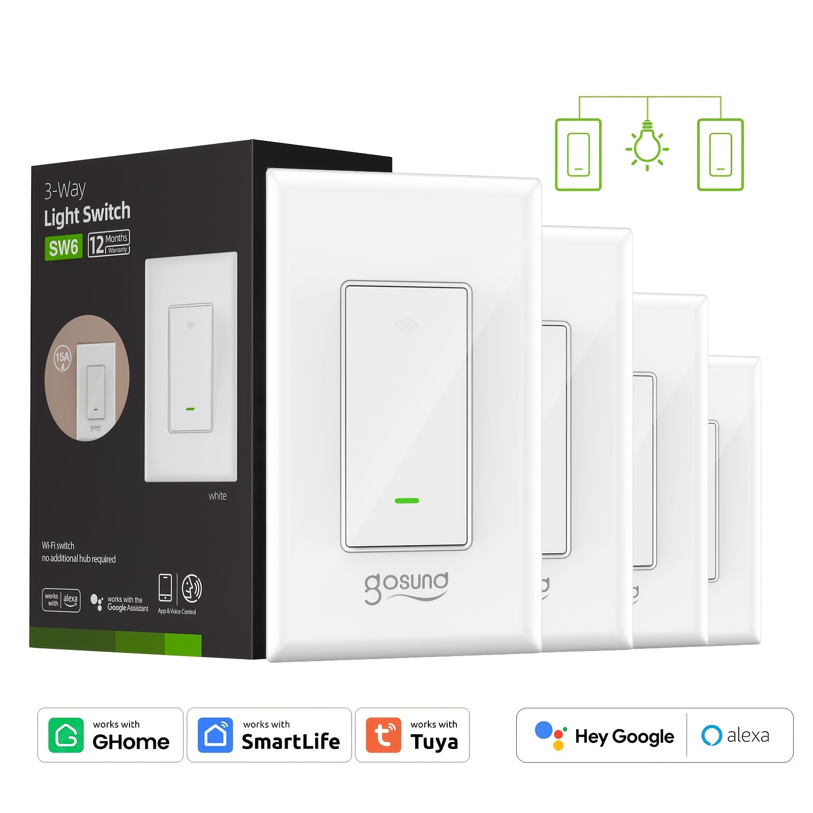 3-Way Wi-Fi Smart Light Switch with Scheduling Timer and Voice Control