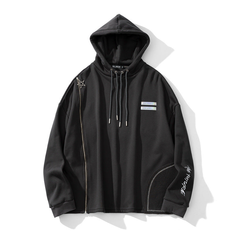 Retro Fleece Zip Hoodie with Drawstring & Pockets