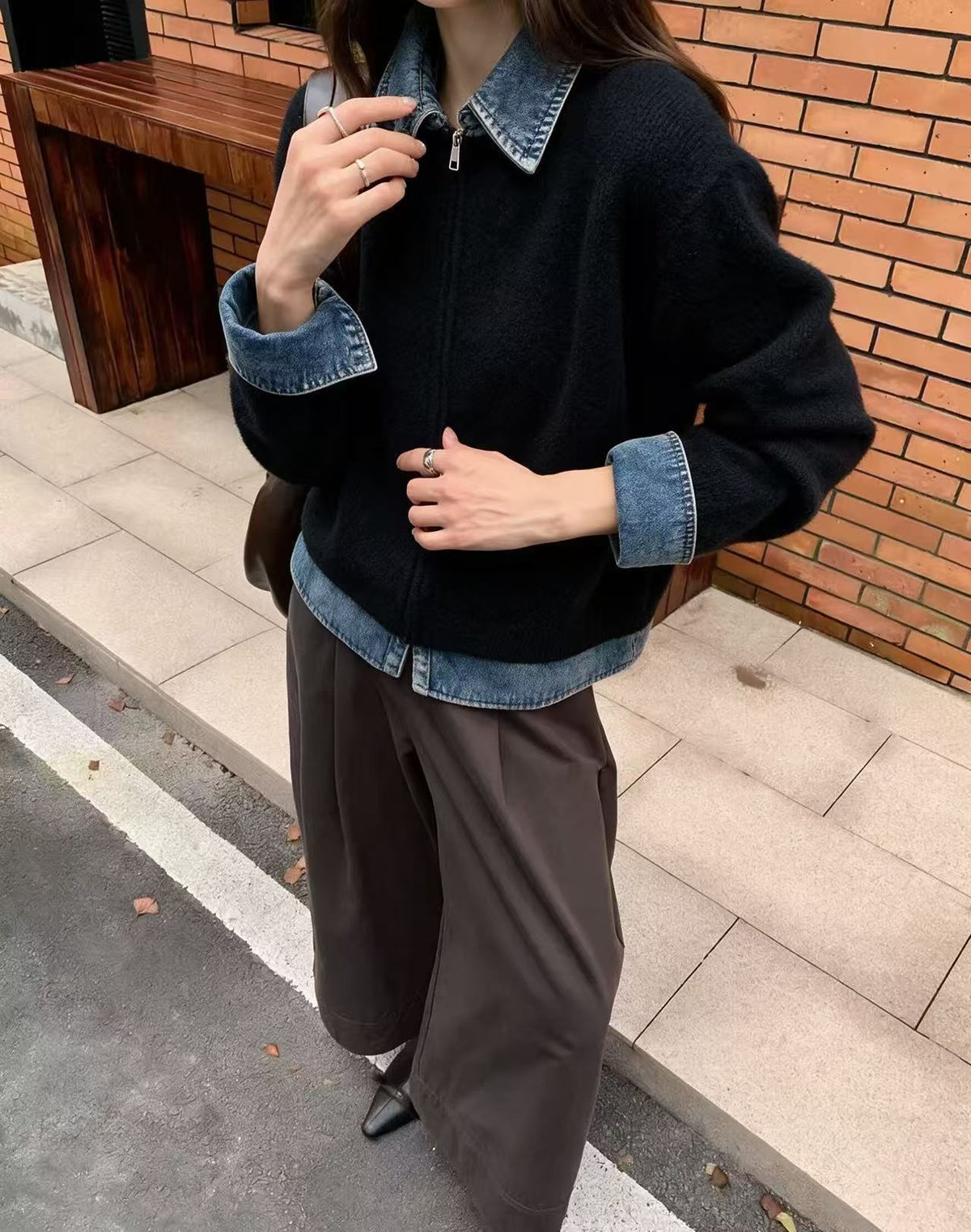 Notch-collar Denim Patchwork Womens Loose Casual Long-sleeve Sweater Coat