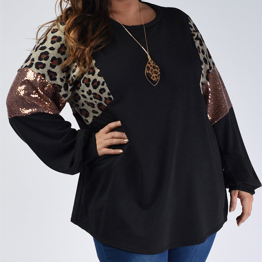 Leopard Print Long Sleeve Sequin Pullover Sweatshirt