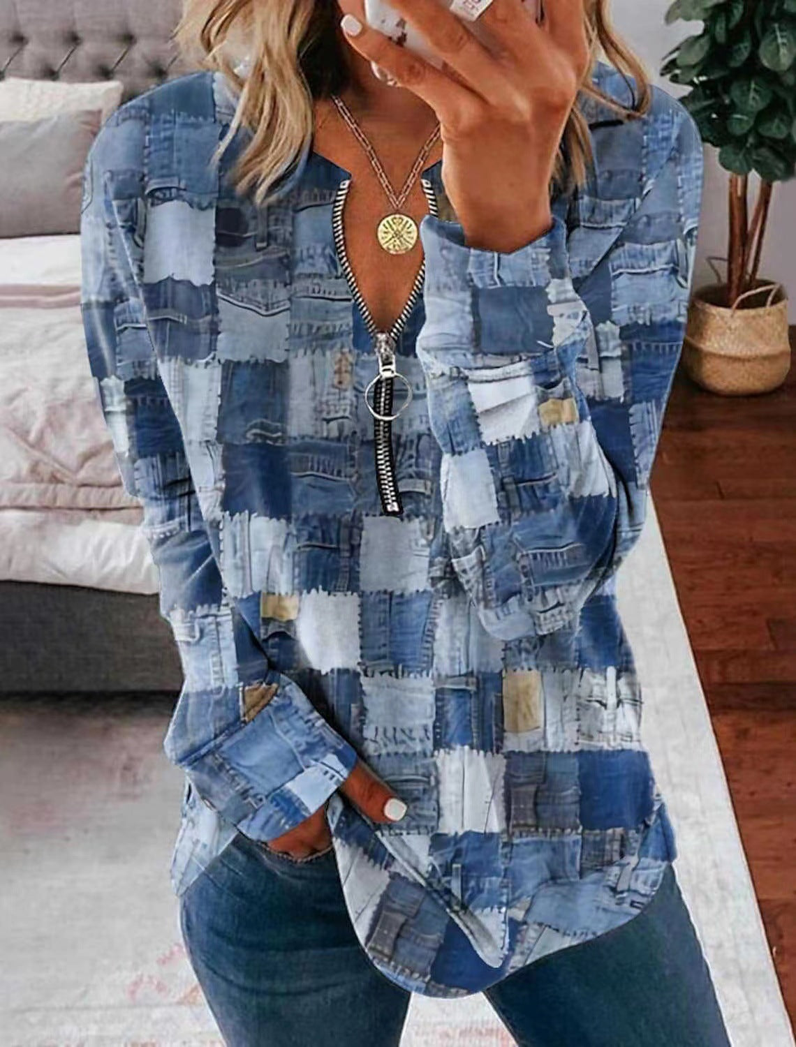 Faux Denim Zip Pullover Casual Top