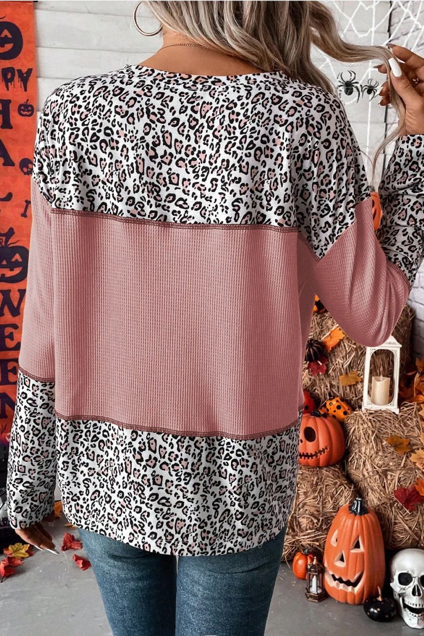 Leopard Splicing Waffle Knit Pullover Sweater