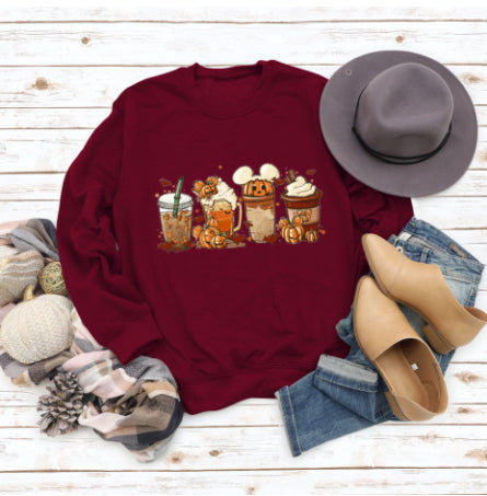 Cozy Floral Print Round Neck Christmas Latte Sweater
