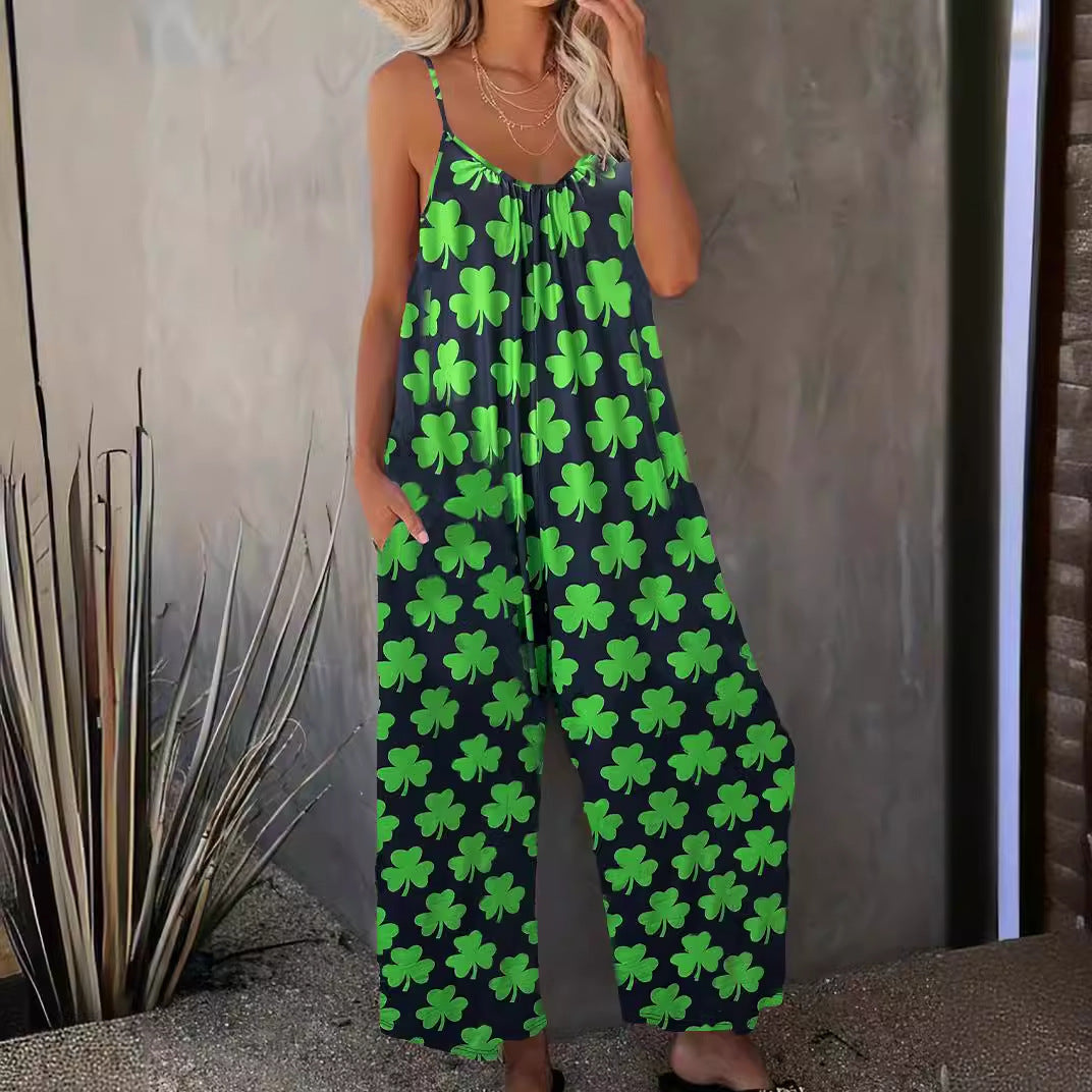 Womens SpringSummer Bohemian-Style Printed Pleated Jumpsuit With Straps