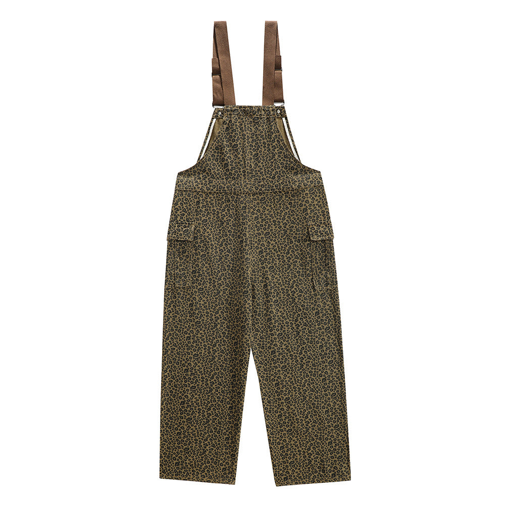Men's High Street Leopard Print Denim Suspender Pants