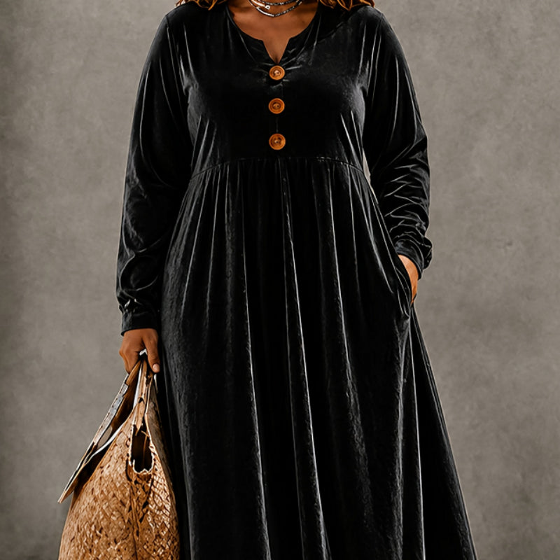 Velvet Loose Ruffled Sleeve Elegant V-neck Long Dress