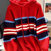 Plus Size Color‑Block Striped Pullover Hoodie with Drawstring