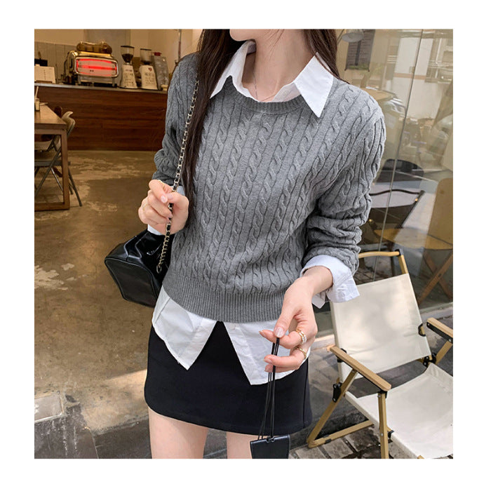 Ladies' Loose Twisted Round Neck Solid Color Sweater