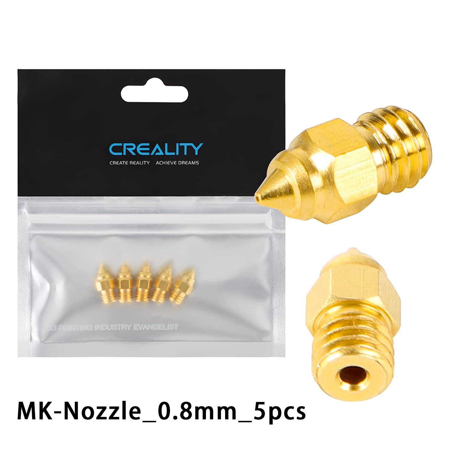 5-Piece MK Brass Nozzle Set for Creality CR-6 SE, Ender‑3, and Ender‑5 3D Printers – 0.2mm to 1.0mm