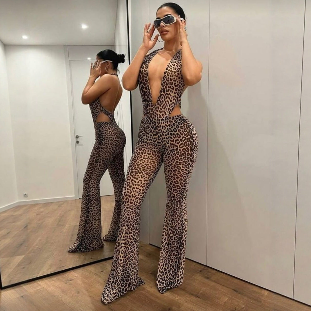 INS Leopard-Print Bodycon Sexy Backless Halter Deep-V Top With Flared Jumpsuit Pants
