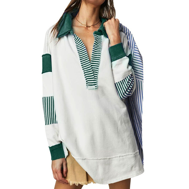 Chic V-Neck Colorblock Long Sleeve Split Hem Casual Sweater