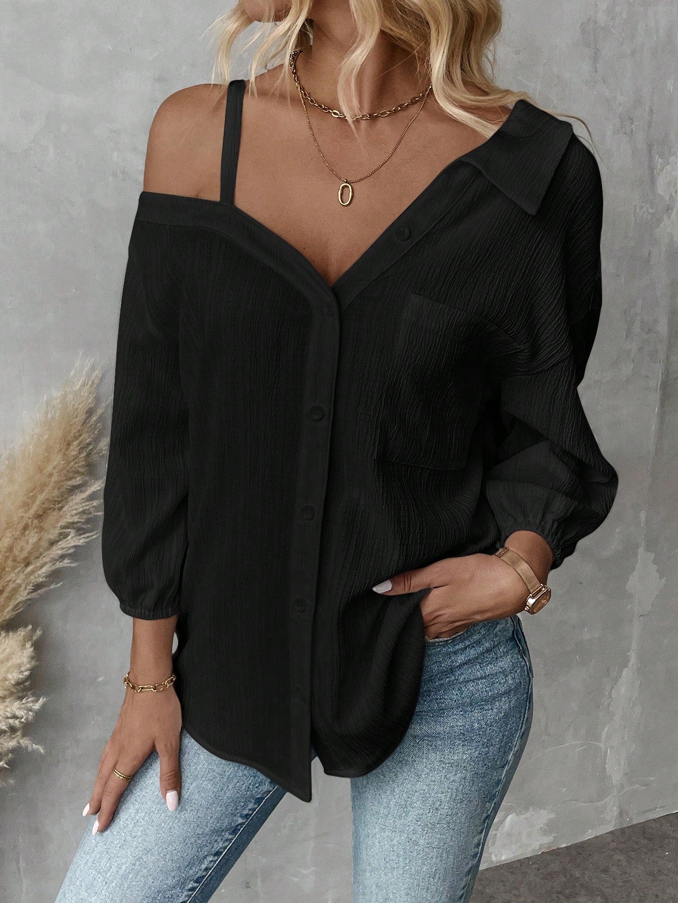 Fall Solid Color White Asymmetric Collar Dropped Shoulder Loose Casual Blouse Spring And Summer New Fashion Street Style Casual Asymmetrical Shoulder Shirt