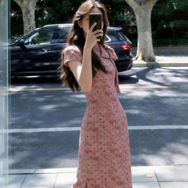 Elegant Polka-dot Bow Cheongsam Dress for Women