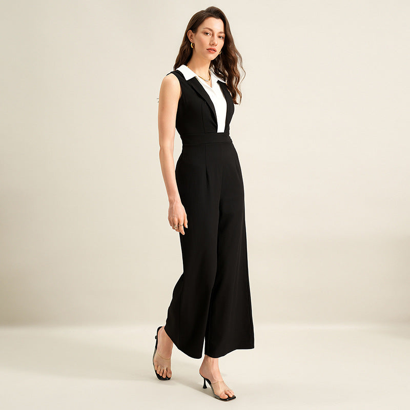 Chic Black & White Contrast Sleeveless Jumpsuit