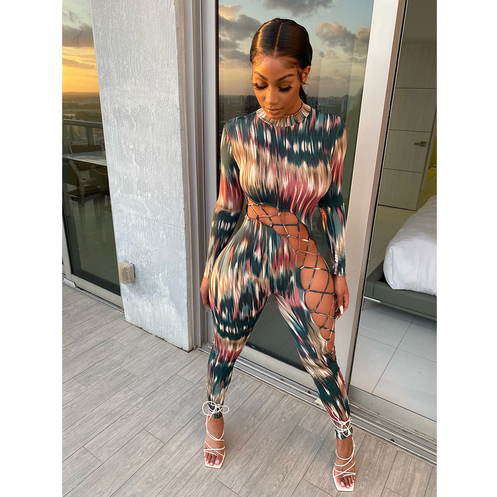 Women's long-sleeved colorful Christmas print jumpsuit